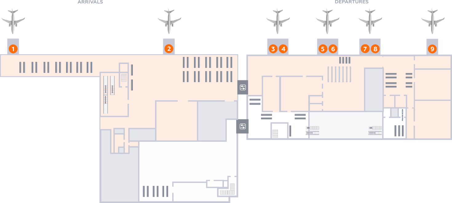 map of Ufa airport, terminal 1, 2 level