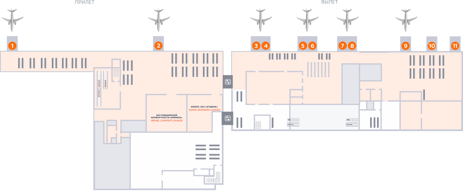 схема аэропорта Уфа терминал 1, 2 этаж